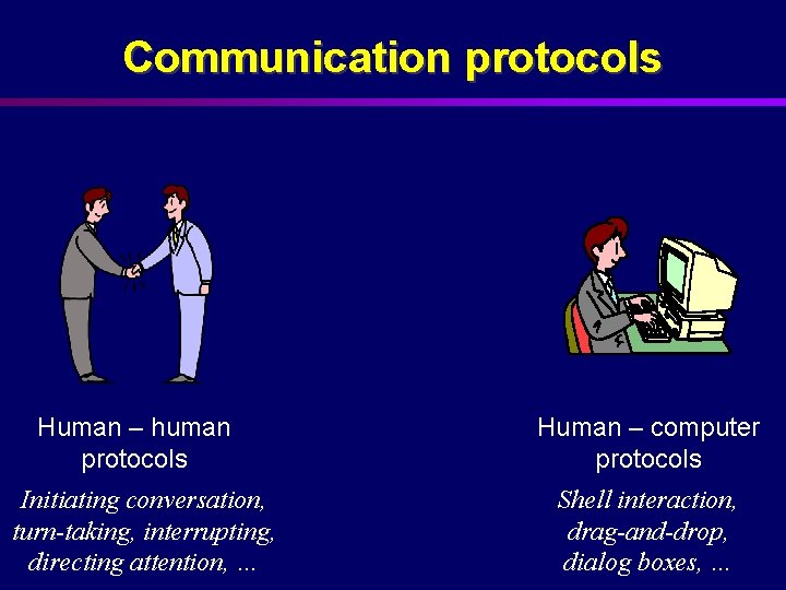 Communication protocols Human – human protocols Initiating conversation, turn-taking, interrupting, directing attention, … Human