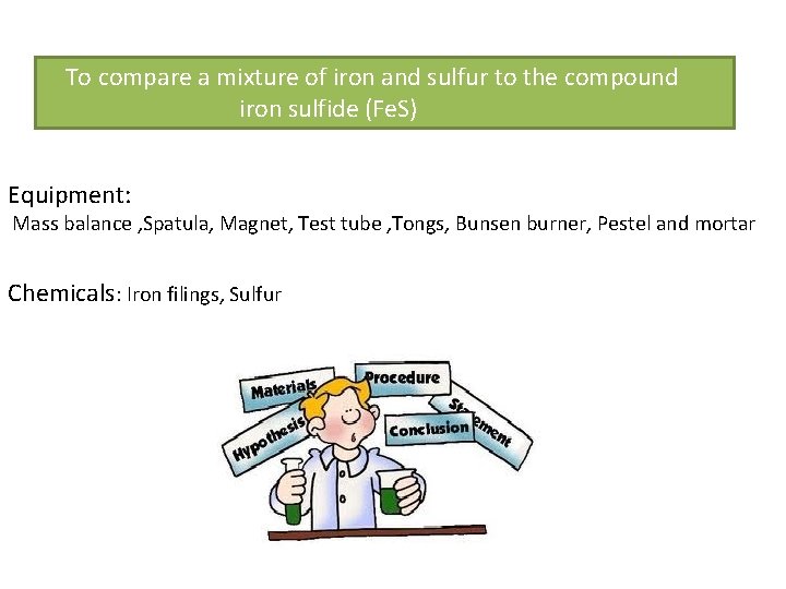 To compare a mixture of iron and sulfur to the compound iron sulfide (Fe.