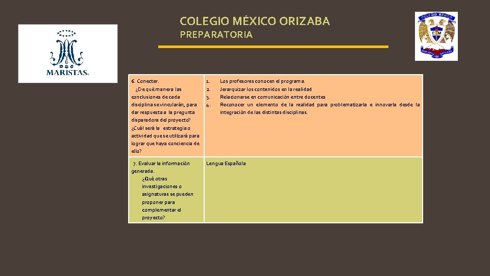 COLEGIO MÉXICO ORIZABA PREPARATORIA 6. Conectar. ¿De qué manera las conclusiones de cada disciplina