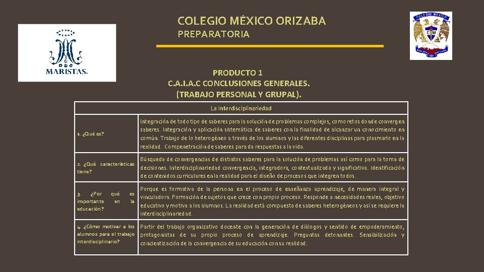 COLEGIO MÉXICO ORIZABA PREPARATORIA PRODUCTO 1 C. A. I. A. C CONCLUSIONES GENERALES. (TRABAJO