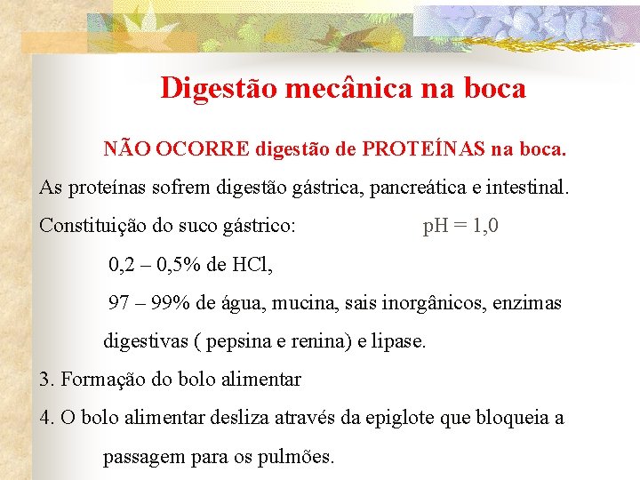 Digestão mecânica na boca NÃO OCORRE digestão de PROTEÍNAS na boca. As proteínas sofrem