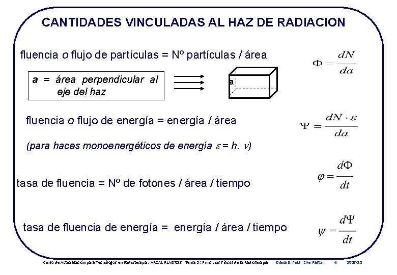 CANTIDADES VINCULADAS AL HAZ DE RADIACION fluencia o flujo de partículas = Nº partículas