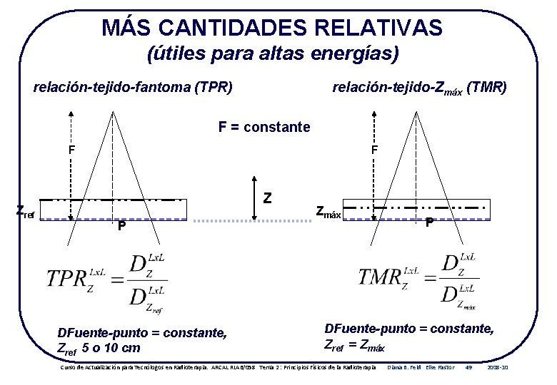 MÁS CANTIDADES RELATIVAS (útiles para altas energías) relación-tejido-fantoma (TPR) relación-tejido-Zmáx (TMR) F = constante