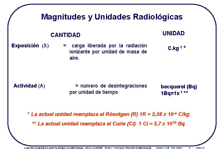 Magnitudes y Unidades Radiológicas CANTIDAD Exposición (X) Actividad (A) = carga liberada por la