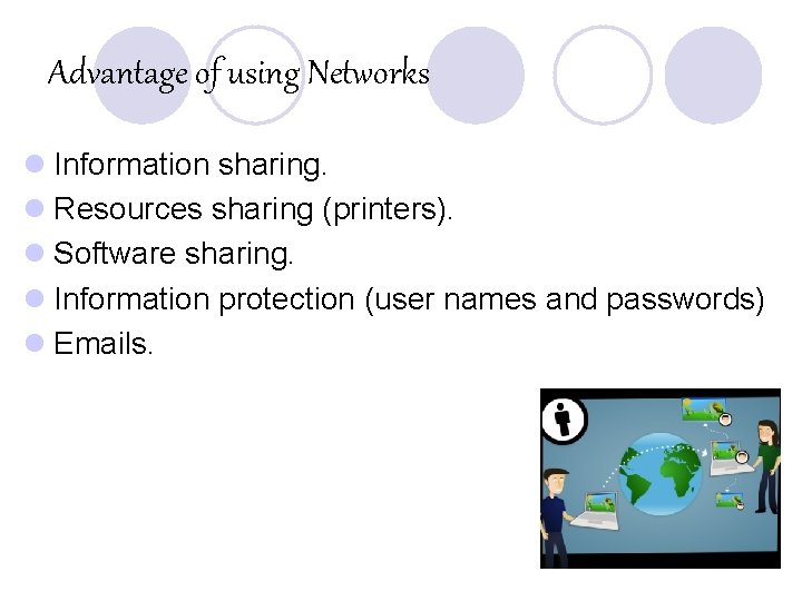 Advantage of using Networks l Information sharing. l Resources sharing (printers). l Software sharing.