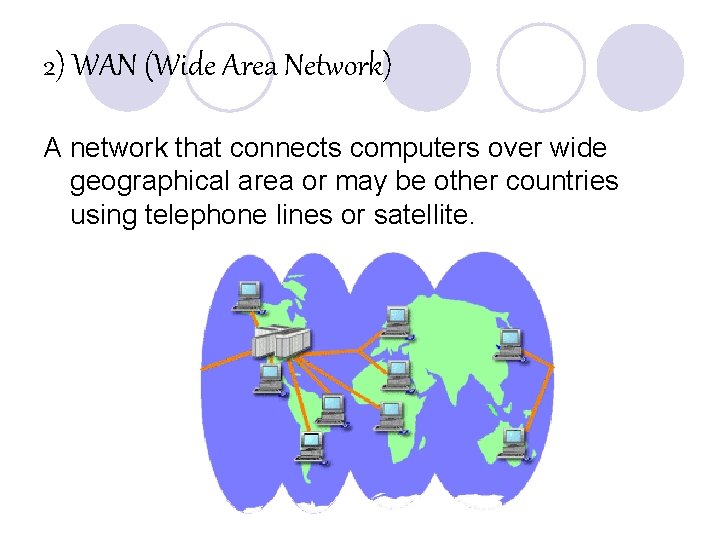 2) WAN (Wide Area Network) A network that connects computers over wide geographical area