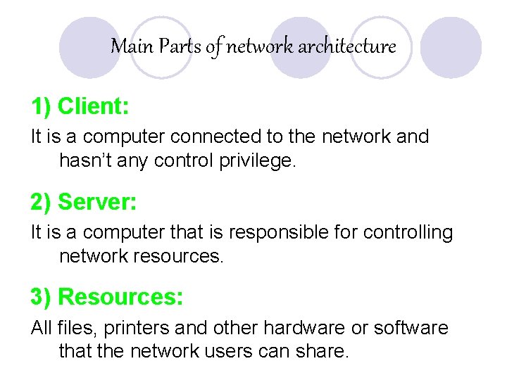 Main Parts of network architecture 1) Client: It is a computer connected to the