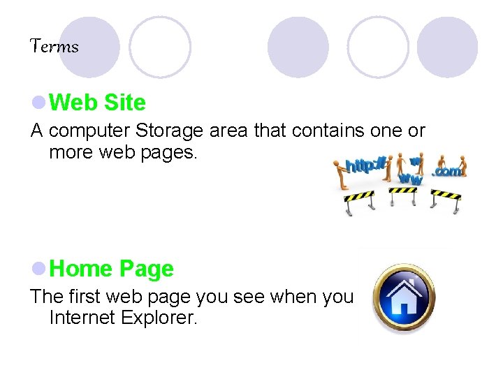 Terms l Web Site A computer Storage area that contains one or more web