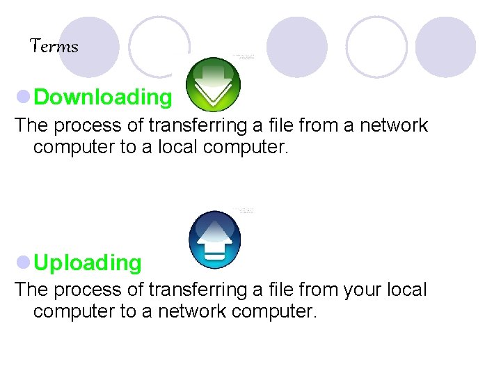 Terms l Downloading The process of transferring a file from a network computer to