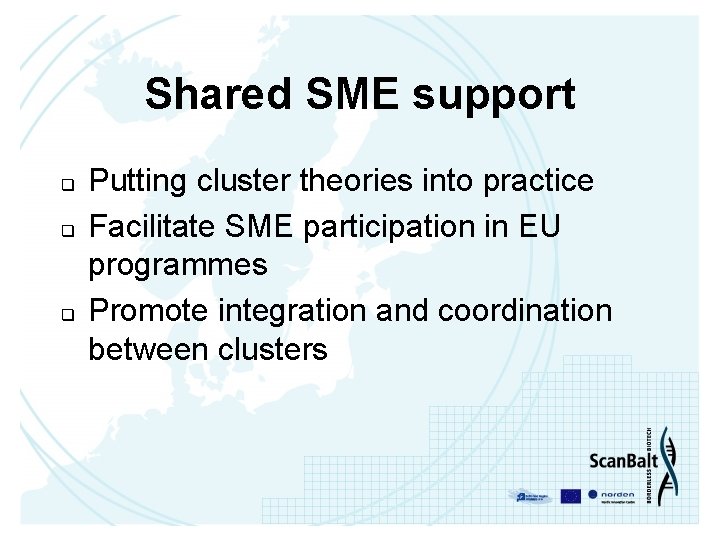 Shared SME support q q q Putting cluster theories into practice Facilitate SME participation