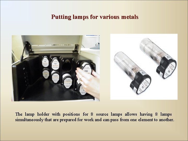 Putting lamps for various metals The lamp holder with positions for 8 source lamps