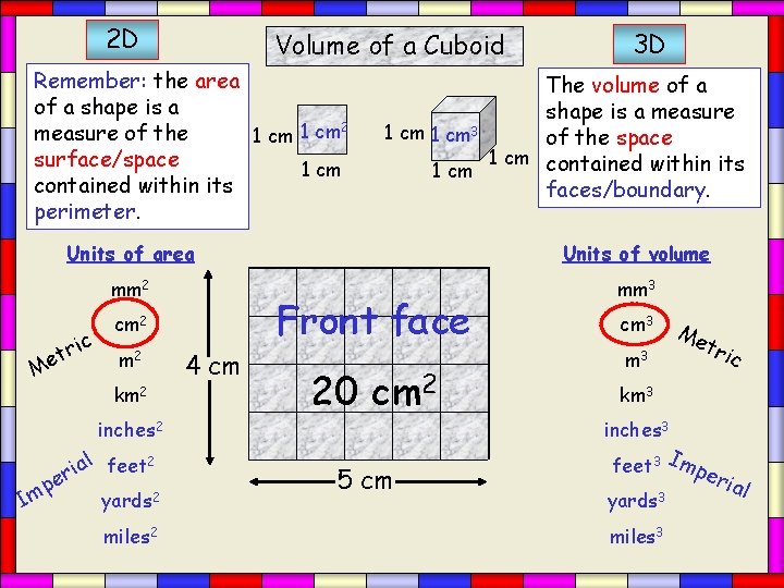 2 D Volume of a Cuboid Remember: the area of a shape is a
