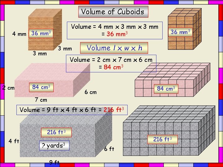 Volume of Cuboids Volume = 4 mm x 3 mm = 36 mm 3