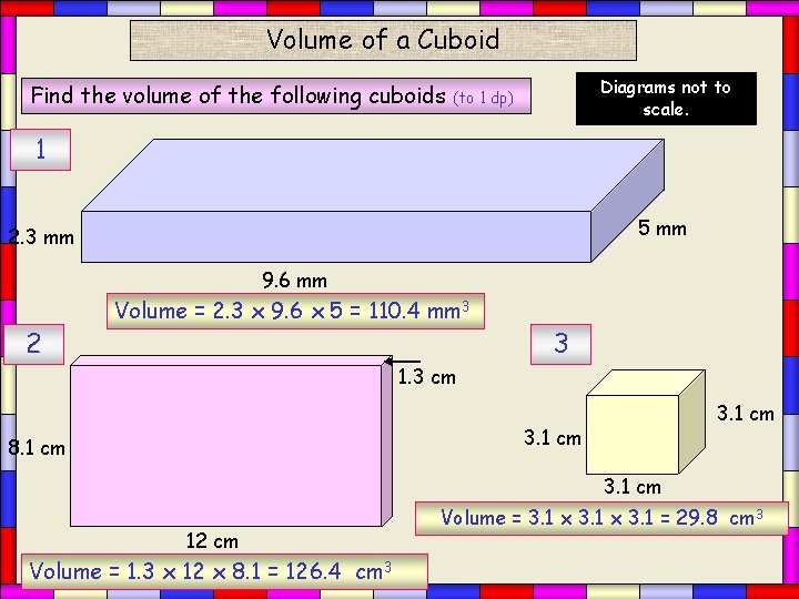 Volume of a Cuboid Find the volume of the following cuboids Diagrams not to