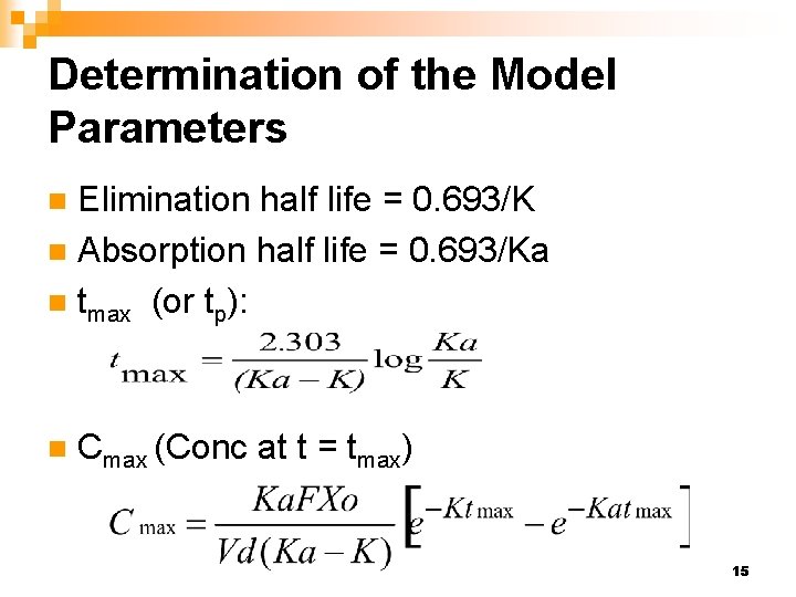 Determination of the Model Parameters Elimination half life = 0. 693/K n Absorption half