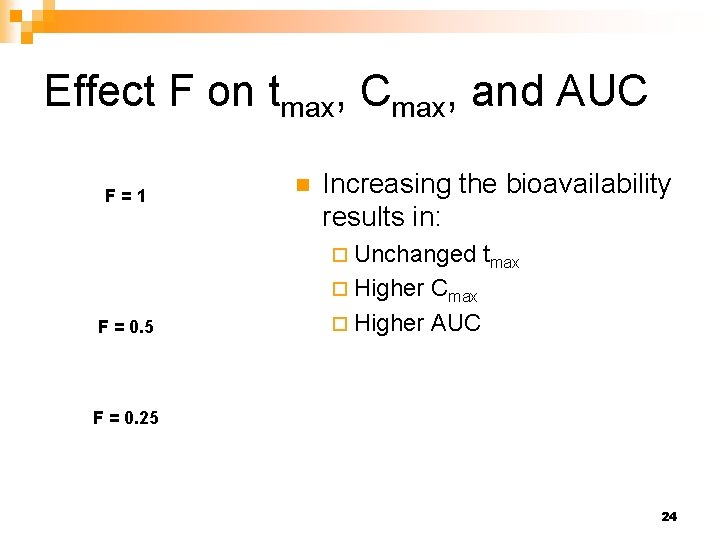 Effect F on tmax, Cmax, and AUC F=1 n Increasing the bioavailability results in: