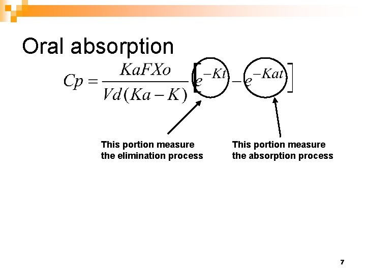 Oral absorption This portion measure the elimination process This portion measure the absorption process