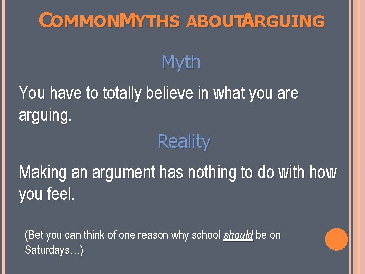 COMMONMYTHS ABOUTARGUING Myth You have to totally believe in what you are arguing. Reality