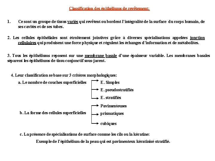 Classification des épithéliums de revêtement: 1. Ce sont un groupe de tissus variés qui