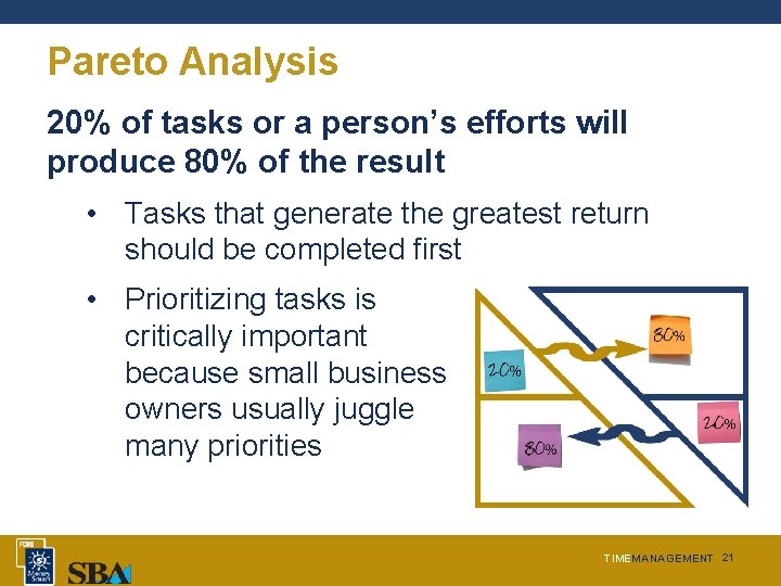 Pareto Analysis 20% of tasks or a person’s efforts will produce 80% of the