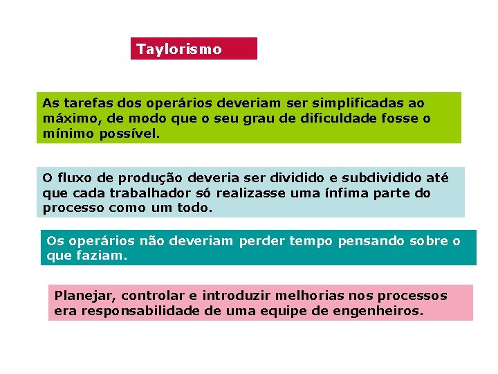 Taylorismo As tarefas dos operários deveriam ser simplificadas ao máximo, de modo que o