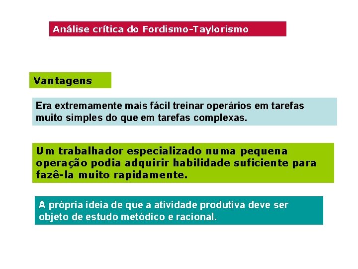 Análise crítica do Fordismo-Taylorismo Vantagens Era extremamente mais fácil treinar operários em tarefas muito