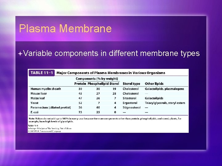 Plasma Membrane Variable components in different membrane types 