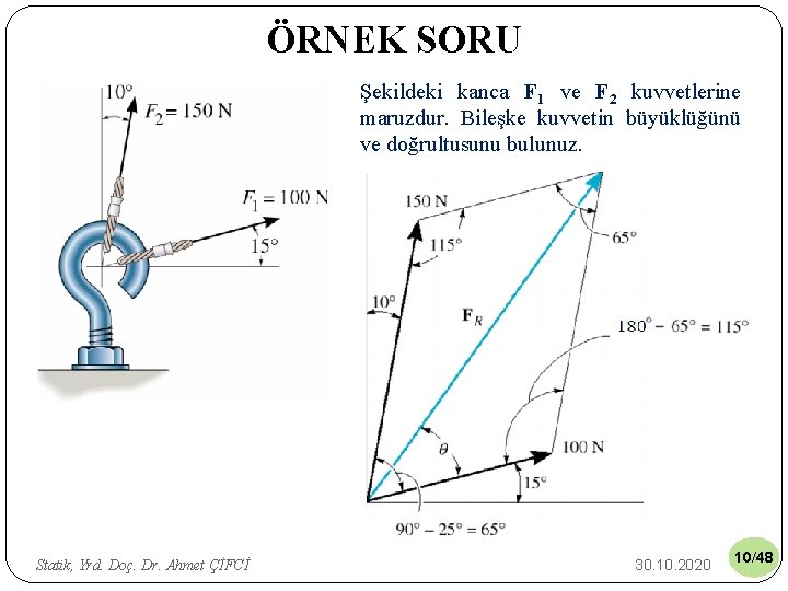 ÖRNEK SORU Şekildeki kanca F 1 ve F 2 kuvvetlerine maruzdur. Bileşke kuvvetin büyüklüğünü