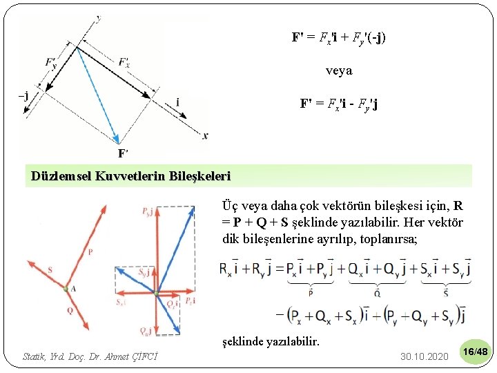 F' = Fx'i + Fy'(-j) veya F' = Fx'i - Fy'j Düzlemsel Kuvvetlerin Bileşkeleri