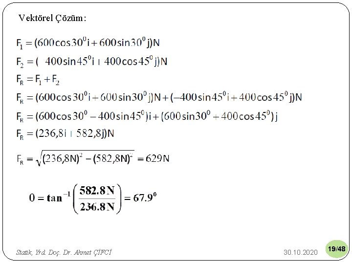 Vektörel Çözüm: Statik, Yrd. Doç. Dr. Ahmet ÇİFCİ 30. 10. 2020 19/48 