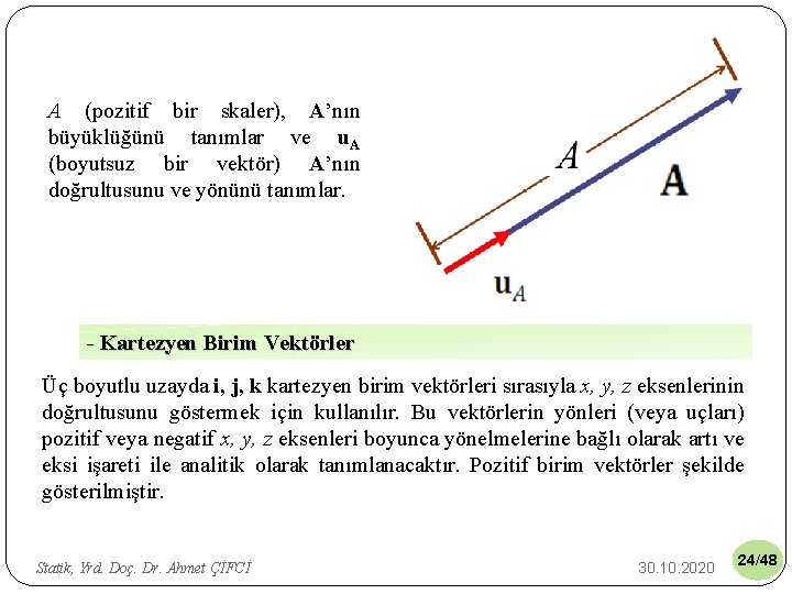 A (pozitif bir skaler), A’nın büyüklüğünü tanımlar ve u. A (boyutsuz bir vektör) A’nın