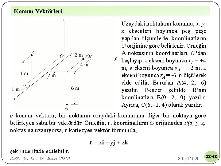 Konum Vektörleri Uzaydaki noktaların konumu, x, y, z eksenleri boyunca peşe yapılan ölçümlerle, koordinatların