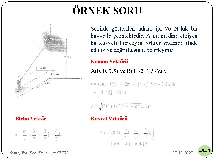 ÖRNEK SORU Şekilde gösterilen adam, ipi 70 N’luk bir kuvvetle çekmektedir. A mesnedine etkiyen