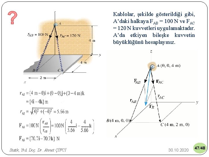 ? Statik, Yrd. Doç. Dr. Ahmet ÇİFCİ Kablolar, şekilde gösterildiği gibi, A’daki halkaya FAB