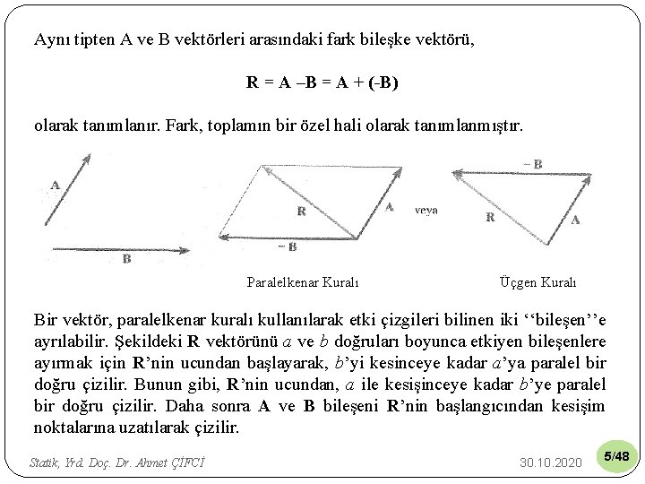 Aynı tipten A ve B vektörleri arasındaki fark bileşke vektörü, R = A –B