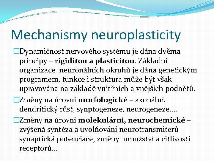 Mechanismy neuroplasticity �Dynamičnost nervového systému je dána dvěma principy – rigiditou a plasticitou. Základní