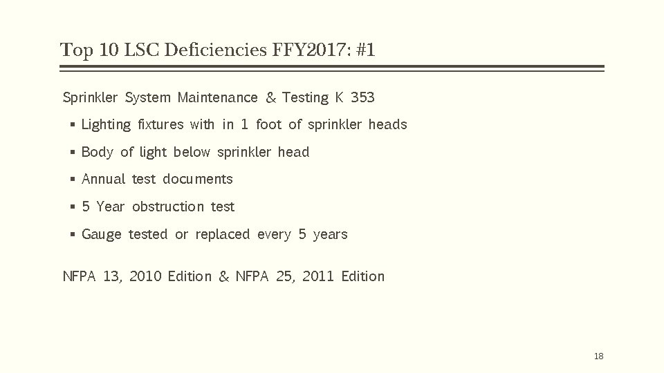 Top 10 LSC Deficiencies FFY 2017: #1 Sprinkler System Maintenance & Testing K 353