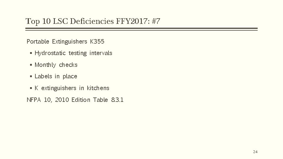 Top 10 LSC Deficiencies FFY 2017: #7 Portable Extinguishers K 355 § Hydrostatic testing