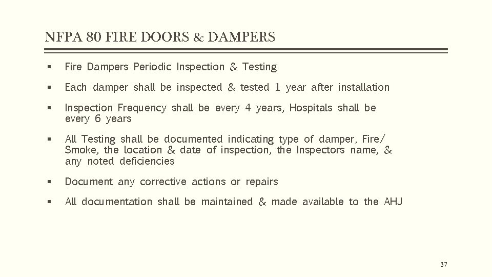 NFPA 80 FIRE DOORS & DAMPERS § Fire Dampers Periodic Inspection & Testing §
