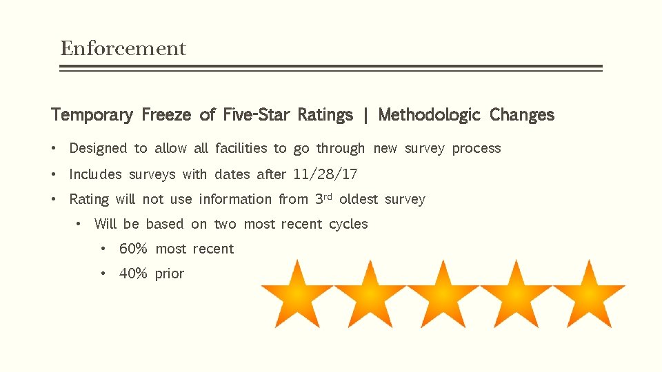 Enforcement Temporary Freeze of Five-Star Ratings | Methodologic Changes • Designed to allow all