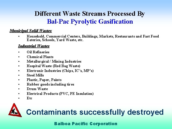 Different Waste Streams Processed By Bal-Pac Pyrolytic Gasification Municipal Solid Wastes • Household, Commercial
