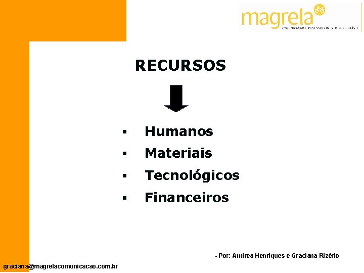 RECURSOS § Humanos § Materiais § Tecnológicos § Financeiros - Por: Andrea Henriques e