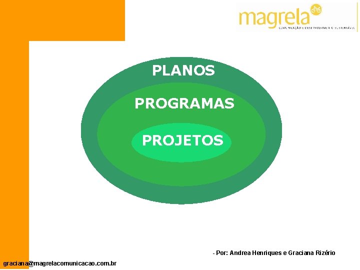 PLANOS PROGRAMAS PROJETOS - Por: Andrea Henriques e Graciana Rizério graciana@magrelacomunicacao. com. br 