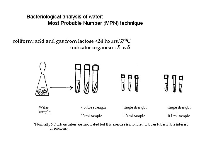Bacteriological analysis of water: Most Probable Number (MPN) technique coliform: acid and gas from