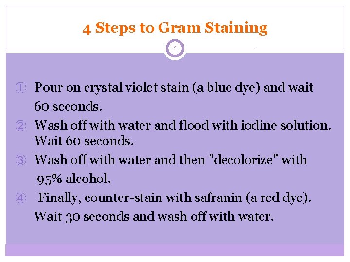 4 Steps to Gram Staining 2 ① Pour on crystal violet stain (a blue