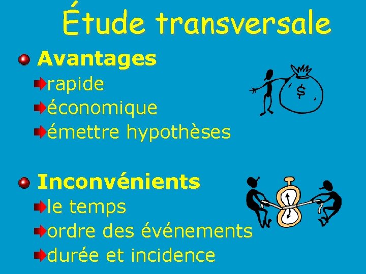 Étude transversale Avantages rapide économique émettre hypothèses Inconvénients le temps ordre des événements durée