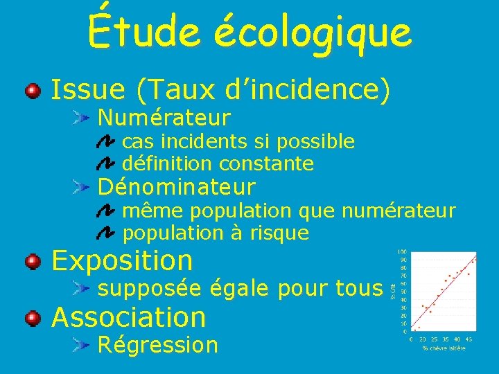 Étude écologique Issue (Taux d’incidence) Numérateur cas incidents si possible définition constante Dénominateur même