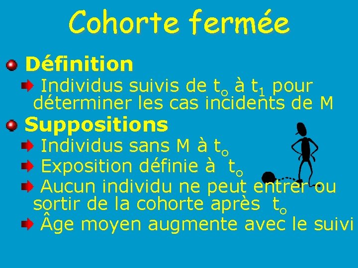 Cohorte fermée Définition Individus suivis de to à t 1 pour déterminer les cas