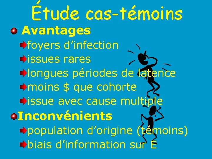 Étude cas-témoins Avantages foyers d’infection issues rares longues périodes de latence moins $ que