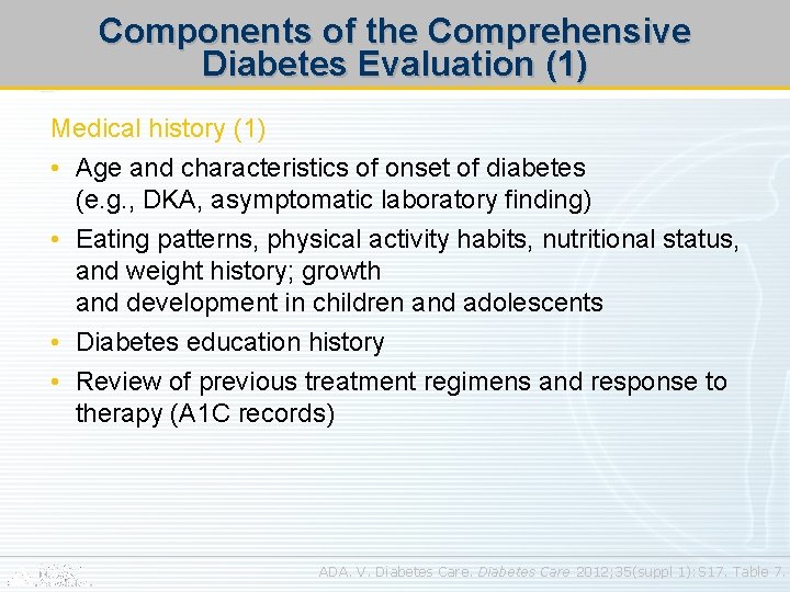 Components of the Comprehensive Diabetes Evaluation (1) Medical history (1) • Age and characteristics